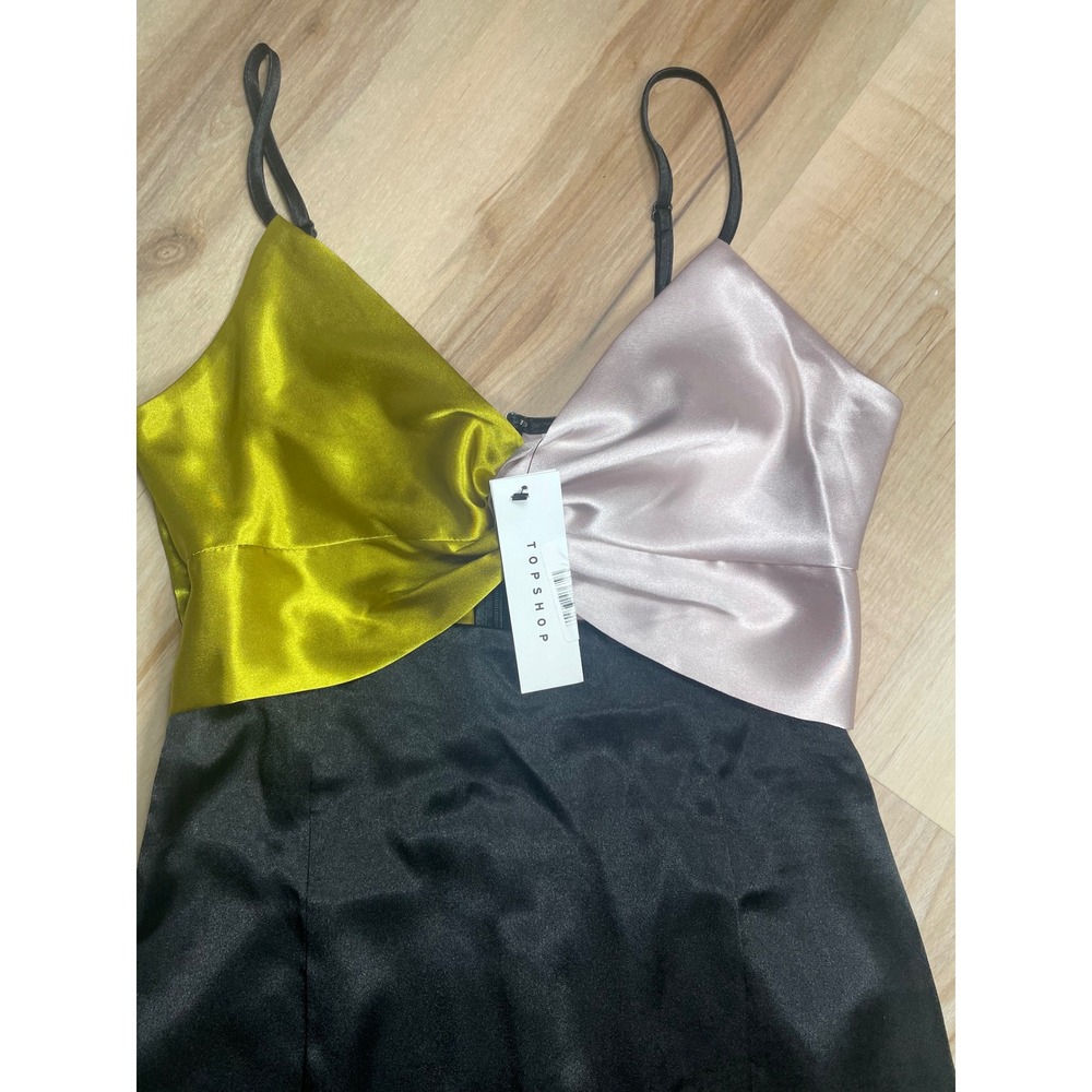 Topshop Satin Colorblock Twist Front Mini Dress Chartreuse beige Black US 2‎ - Picture 2 of 10